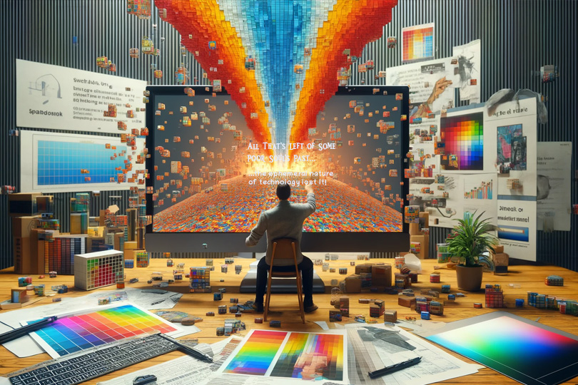 An AI-generated image depicting issues with image sizing shows a small man in front of a vast computer, images and colors abound and proportions are not realistic