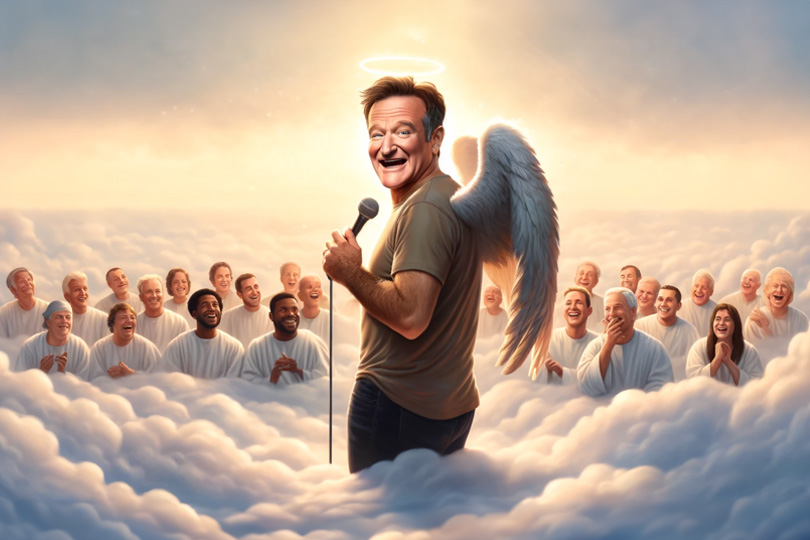 Robin Williams performing in heaven for a crowd of angels