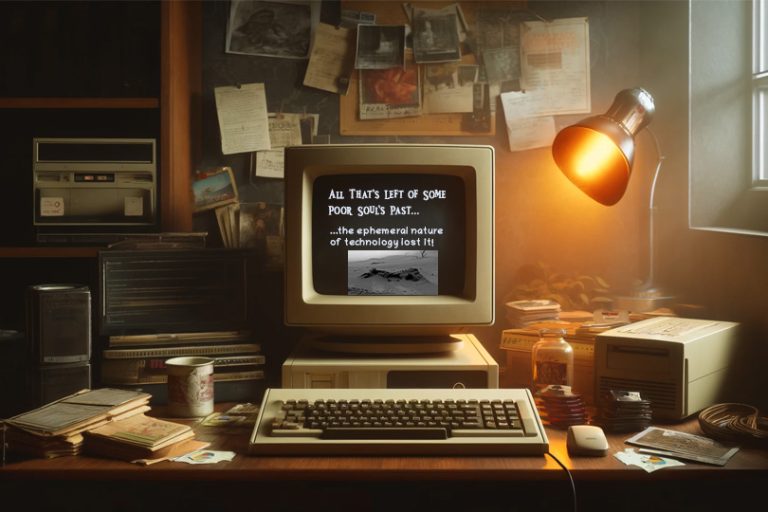 An ancient computer in a dingy office has the words "All that's left of some poor soul's past...the ephemeral nature of technology lost it" and a dino skeleton is beneath the words on the screen