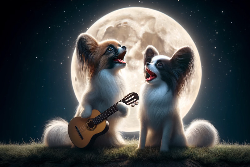 Two Papillons sing "WeeWeeChu a Merry Christmas" while the male Papillon plays on the ukulele