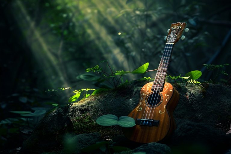 an ukulele rests mysteriously in the forest with beams of light shining upon it