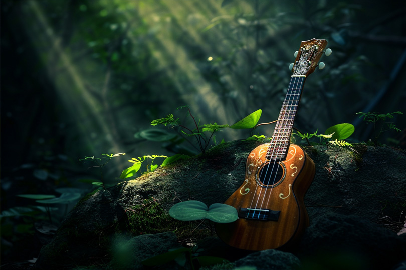 an ukulele rests mysteriously in the forest with beams of light shining upon it