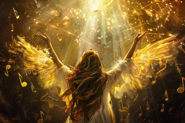 Susan Boyle is an angel singing to heaven with heavenly light shining as real musical notes swirl in the air