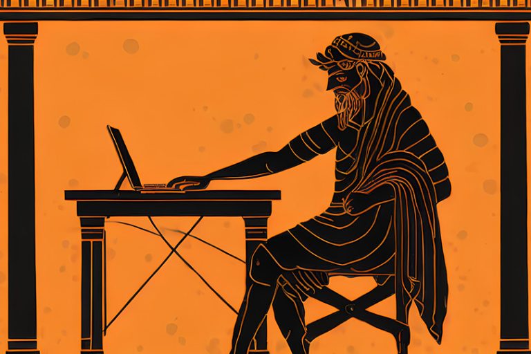 a picture of Zeus at a laptop computer expresses my excitement over a new laptop to replace my ancient computer, but this new one was laughable