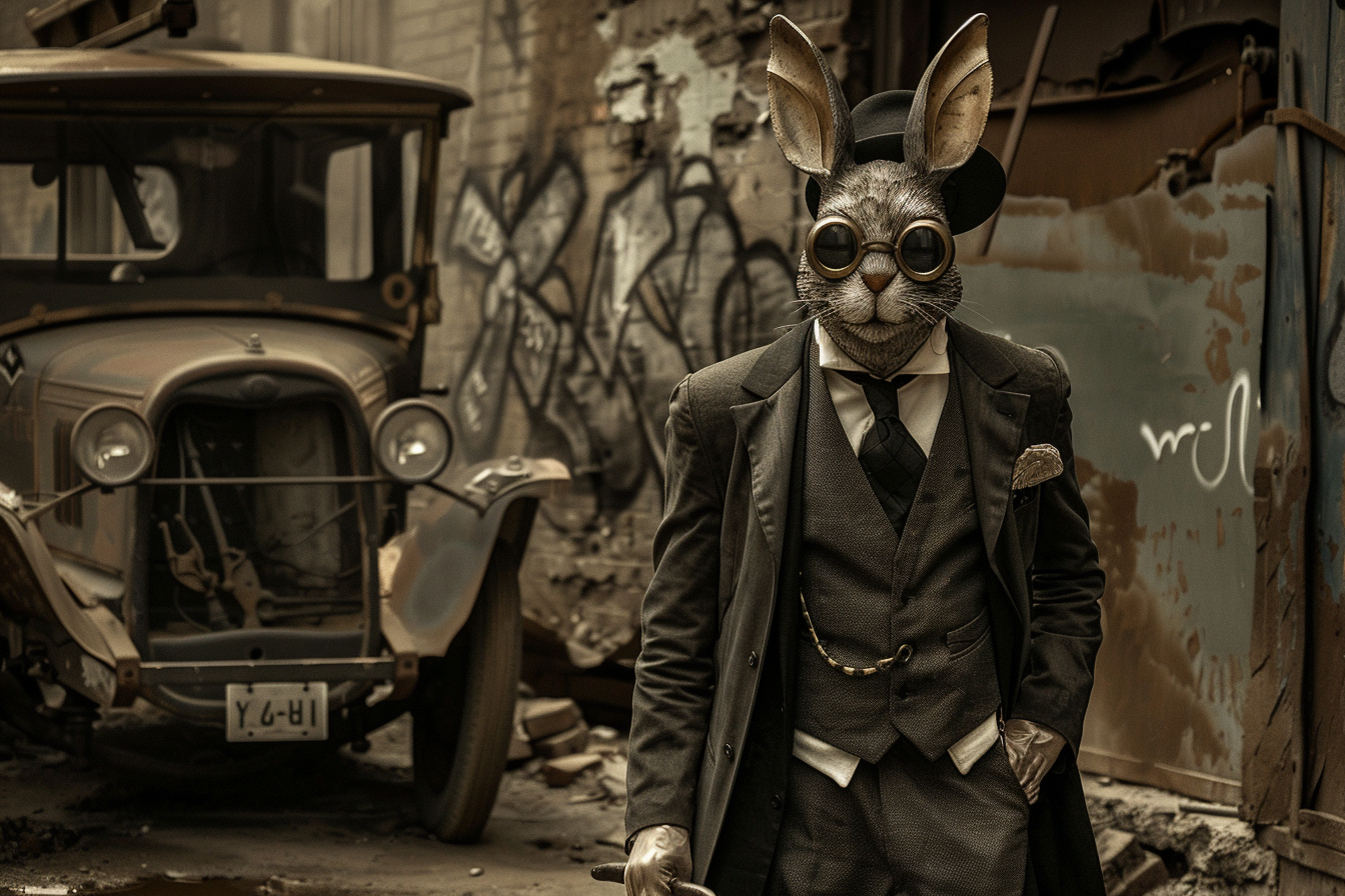 AI-generated image (by me) of Bugs, Bugs Bunny, Bugsy Malone, all blended into one. It looks like a buggy bunny gangsta with a grungy bug feel to it