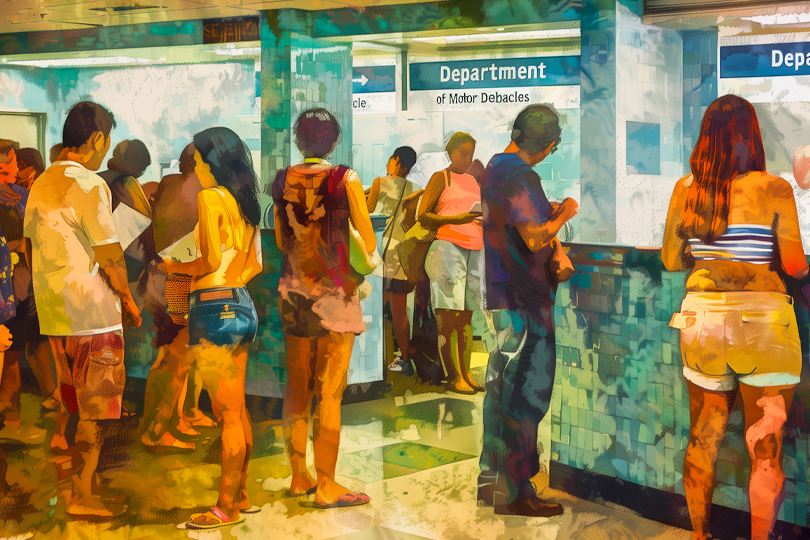 An impressionistic painting of the Department of Motor Debacles with numerous people standing in lines