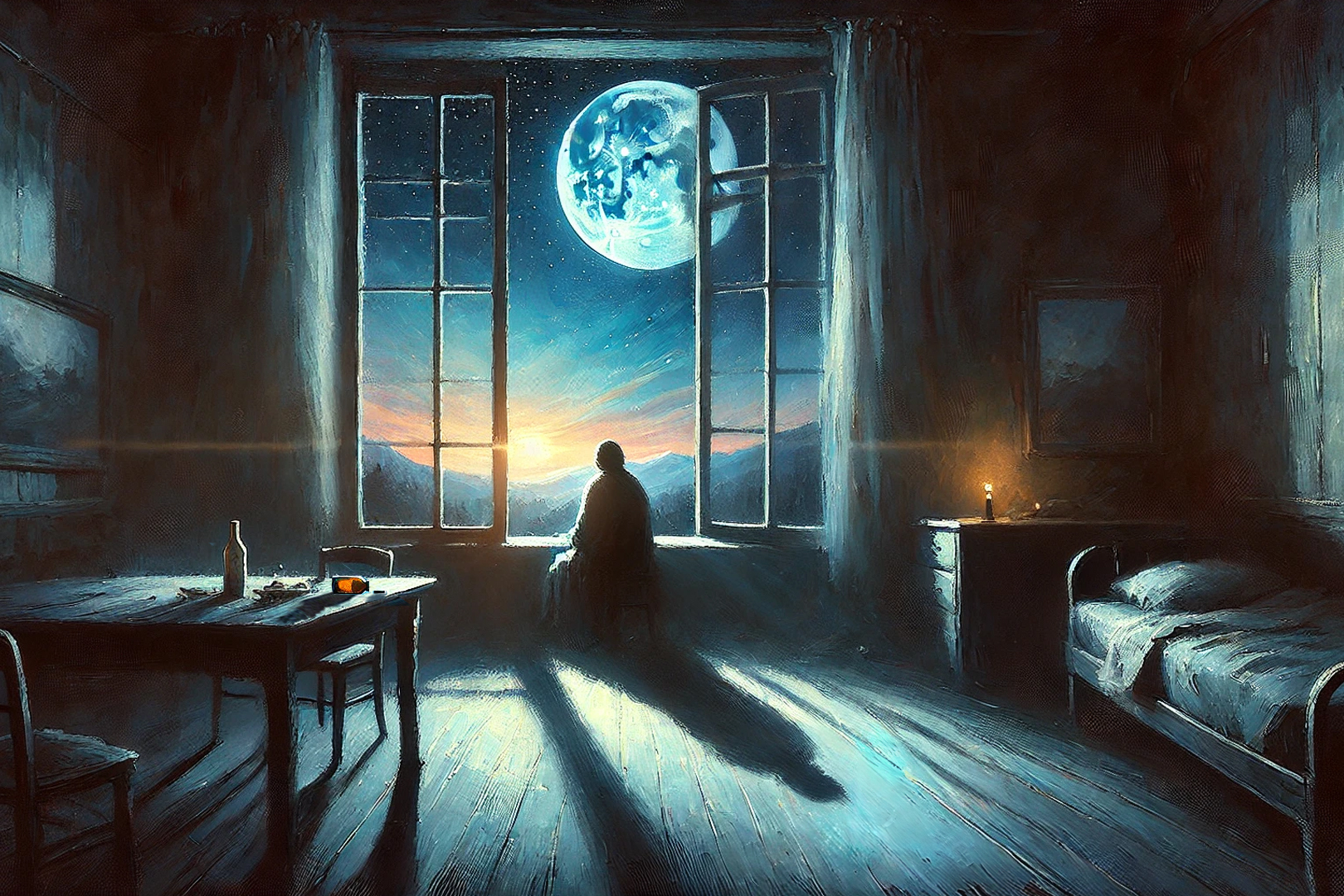 a man sits alone on a window sill staring out at the night with a full moon in a largely empty room where, off to the right, you see an empty aspirin bottle which signifies the payment of a debt which cancels all others