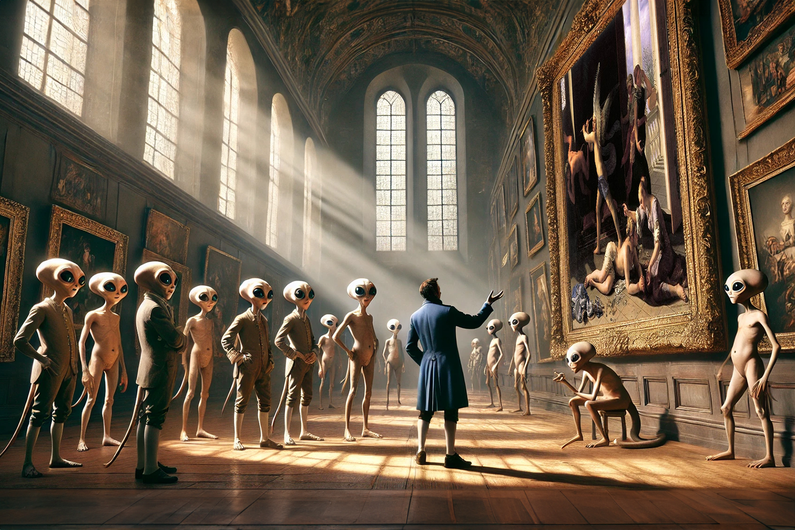 Image of a bunch of aliens with a man dressed in Renaissance era garb in front of Martha Rebuking Mary for her Vanity hanging on a wall in a castle with the man, who is the intergalactic minister of arts and culture, lecturing the aliens on the painting