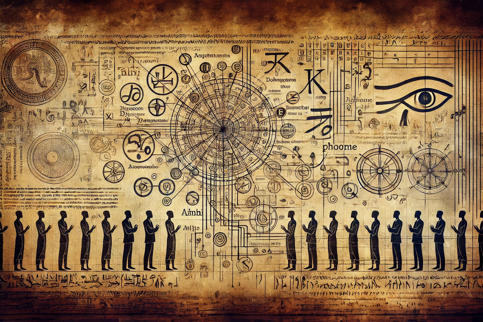 AI-generated image of symbols and various types of letters, including some people who look like the same hieroglyphic style to demonstrate the idea of language contact and historical linguistics