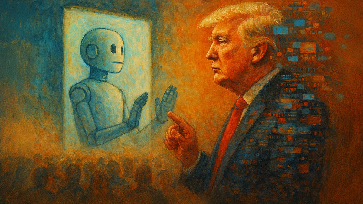 Trump faces a chatbot which seems to be saying, "Stop" with its hands held out while Trump points a finger at him and a crowd of nondescript humanlike images watches